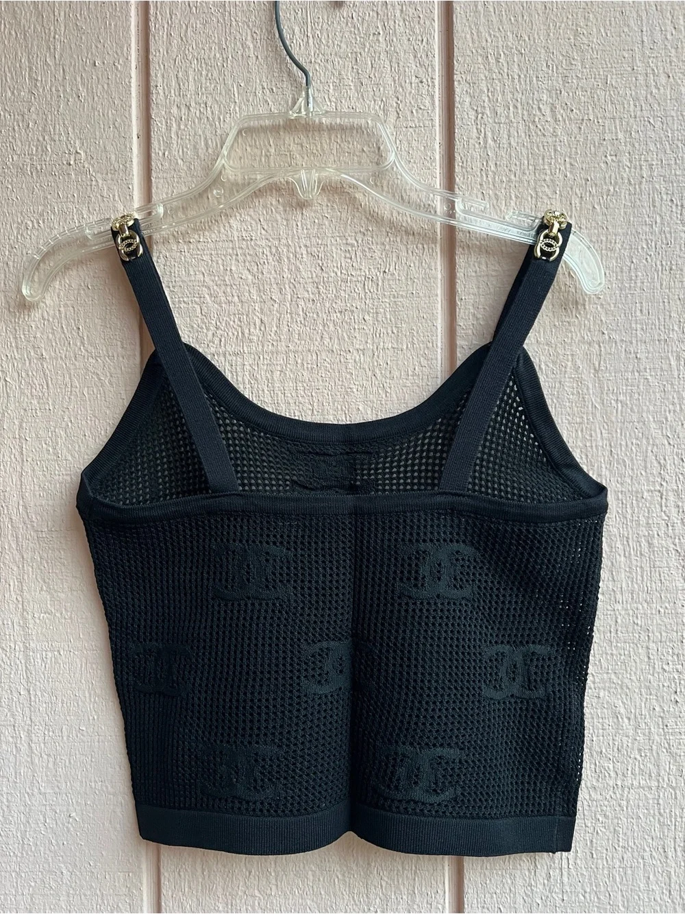 CHANEL White Knit Tee with Black Mesh Overlay Top size XS